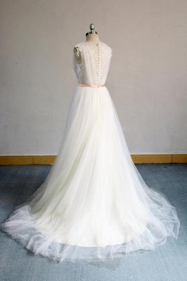 Wunderschönes ärmelloses Brautkleid in A-Linie mit V-Ausschnitt | Champgne-Tüll-Brautkleider mit Applikationen_5