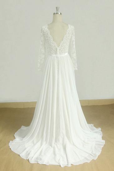 Glamouröses weißes Chiffon-Hochzeitskleid in A-Linie | Langarm Jewel Brautkleider_3
