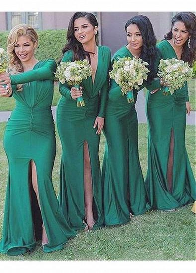 Spandex-V-Ausschnitt, langes grünes Meerjungfrau-Brautjungfernkleid mit Schlitz