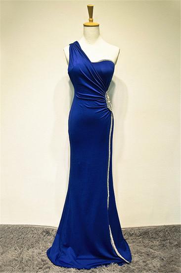 One-Shoulder-Kristallblau-Meerjungfrau-langes Abschlussball-Kleid-elegante Sweep-Zug-formales erschwingliches Abendkleid