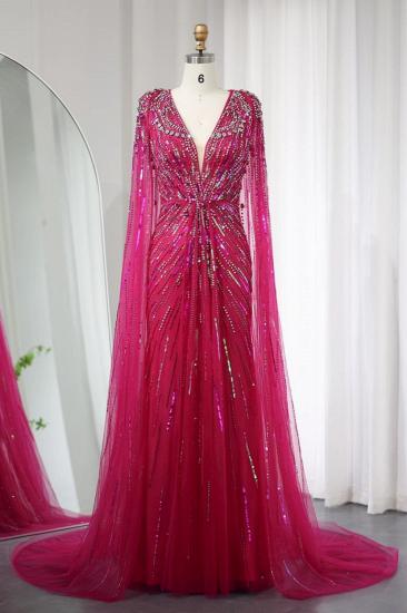 Luxuriöse Meerjungfrau-Abendkleider mit V-Ausschnitt, Kristallen, Pailletten und Cape-Ärmeln, langes Dubai-Partykleid für die Hochzeit_10