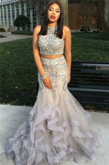 High Neck Silver Two Piece Prom Dresses Cheap | Sleeveless Sexy Mermaid Ruffles Evening Gowns_1