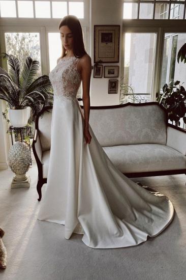 Halter Affordable Satin Long Wedding Dress with Floral lace_1