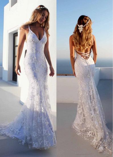 Cloth-fitting Floor Length Lace V Neck Spaghetti Open Back Prom Dresses | Party Gowns With Lace Up_1