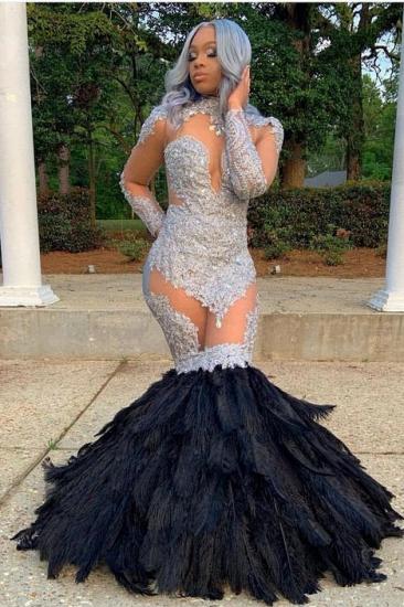 Long Sleeves Lace Appliques Illusion Fur Train Mermaid Silver Prom Dresses_1
