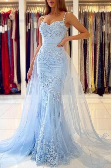 Charming Sky Blue Mermaid Maxi Evenign Dress with Floral Lace Appliques Detachable Train_1