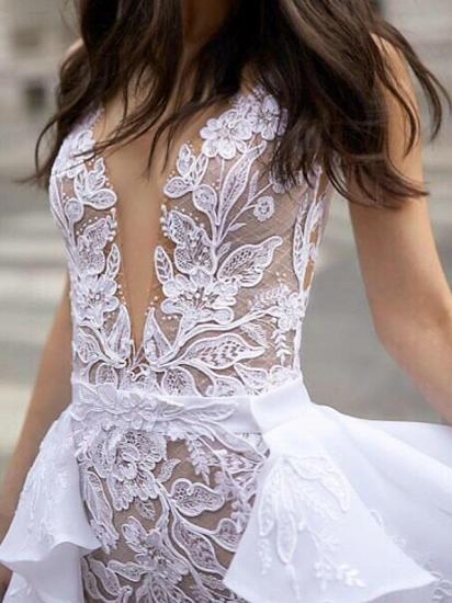 Sexy A-Line Wedding Dresses Plunging Neck Detachable Lace Tulle Chiffon Bridal Gowns Romantic Sweep Train_4