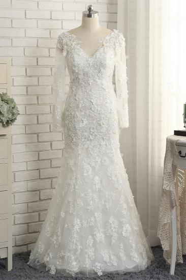 TsClothzone Glamorous White Mermaid Lace Wedding Dresses With Appliques Longsleeves Jewel Bridal Gowns On Sale_2