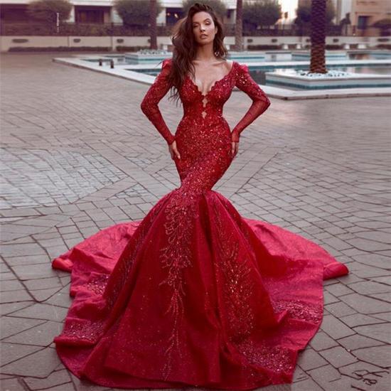 Stunning Long Sleeves Mermaid Evening Dresses with Train | Hot Backless Lace Crystal Prom Dresses_3