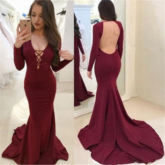 Sexy Burgundy Long Sleeves Evening Dresses 2022 Backless Mermaid V-Neck Prom Dresses_4