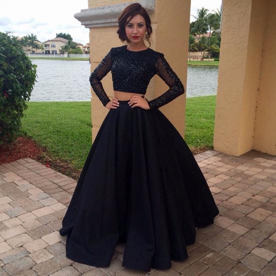 Long Sleeves Beaded Two Pieces Evening Dress Black A-Line 2022 Prom Dress_2