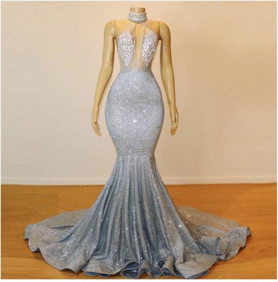 Elegante silberne Pailletten Ballkleider mit Stehkragen | Sexy rückenfreie Meerjungfrau-Abendkleider online_3
