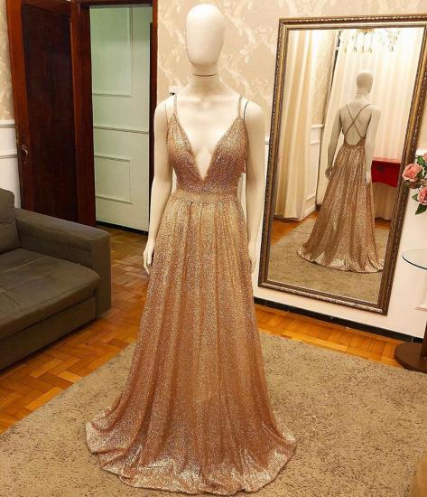 Trendy New Arrival Pluging mit V-Ausschnitt Golden Sparkle Prom Dress mit gekreuztem Rücken_2