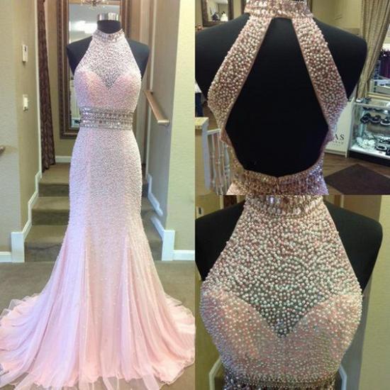 High Collar Beading Mermaid Evening Gowns Halter Crystal Open Back Party Dresses