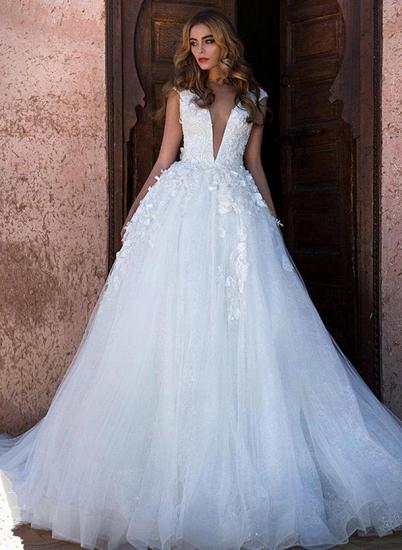 Glamorous V-Neck Cap Sleeves A-line Wedding Dress | Long Lace Appliques Bridal Gowns_1