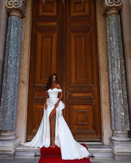 Off-the-shoulder white satin wedding dress with side slits_6