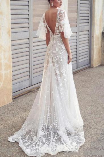 Boho A-Line V-Neck Tulle Wedding Dress Lace Appliques Bridal Gowns with Short Sleeves_2