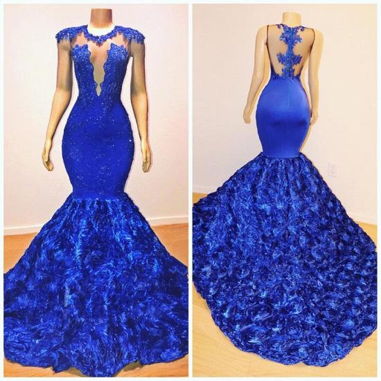 Royal-Blue Flowers Mermaid Long Evening Gowns | Glamorous Sleeveless With lace Appliques Prom Dresses_5