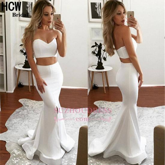 White Two Piece Formal Evening Dresses   Mermaid Sweetheart Sleeveless Front Slit  Prom Dress_1