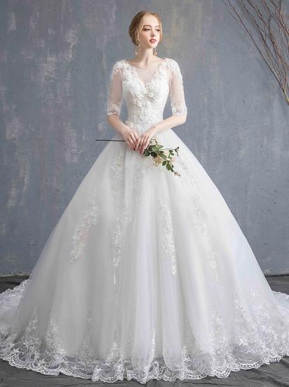 Glamouröses durchsichtiges Ballkleid-Hochzeitskleid U-Ausschnitt-Spitze Tüll Pailletten Halbarm-Brautkleider mit Kapellenschleppe_5