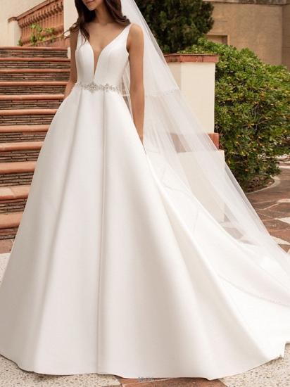 Sparkle & Shine A-Line Wedding Dress V-neck Satin Spaghetti Strap Simple Bridal Gowns Backless with Court Train_1