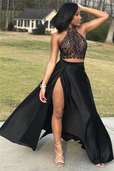 Halter Open Back Two Piece Prom Dresses | Black Lace Sexy Slit Sleeveless 2022 Evening Dress