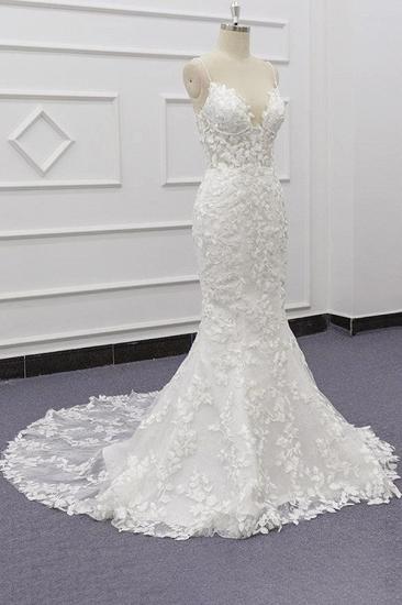 Schicke Spaghetti-Träger Ärmelloses Meerjungfrau-Hochzeitskleid | Brautkleider aus weißer Spitze mit Applikationen_4