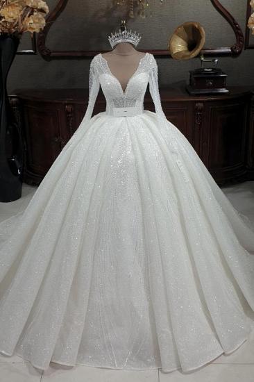 Gorgeous Glitter Sequins Aline Wedding Gown V-Neck Bridal Dress with Sleeves_1