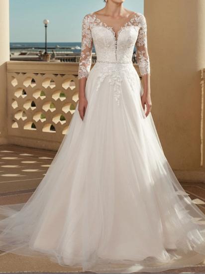Country Plus Size A-Line Wedding Dress V-neck Lace Tulle 3/4 Sleeve Bridal Gowns with Sweep Train