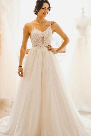 Romantic Sleeveless Tulle Simple Wedding Dress Floor Length with Floral Appliques_1