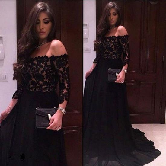Black Lace A-line Off The Shoulder Evening Dresses 2022 Sleeves Cheap Prom Dress_2