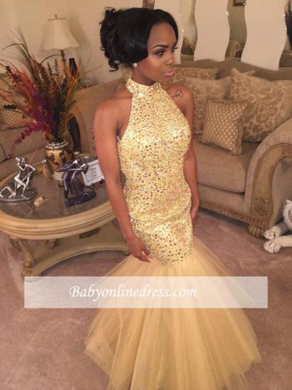 Sleeveless Champagne-Gold Halter Open-Back Sequins Shiny Mermaid Prom Dress_3