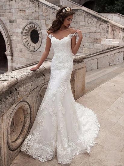 Affordable Mermaid Wedding Dresses Off Shoulder Lace Tulle Lace Short Sleeve Sexy Bridal Gowns with Court Train_1