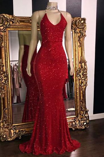 Sparkle Pailletten Sexy Red Prom Kleider Billig | Halfter V-Ausschnitt rückenfreie formelle Abendkleider_1