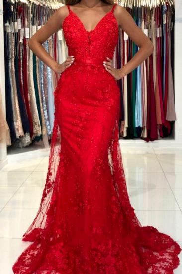 Atemberaubendes Meerjungfrau-Abendkleid mit V-Ausschnitt in Rot mit Spitzenapplikationen