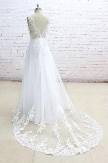 Stilvolles ärmelloses Brautkleid mit V-Ausschnitt und Trägern | Weiße Tüll-Brautkleider in A-Linie mit Applikationen_5
