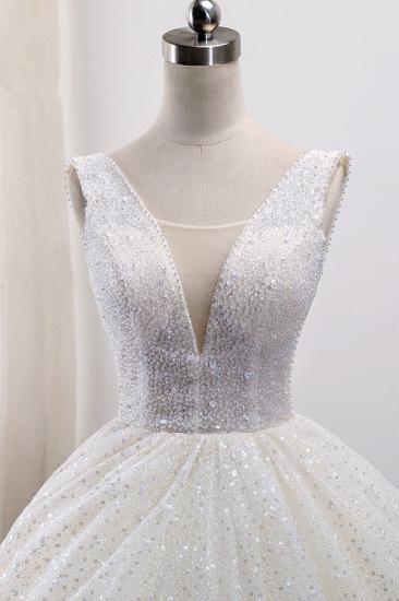 TsClothzone Wunderschönes Tüll-Ballkleid-Hochzeitskleid mit V-Ausschnitt, funkelnde, ärmellose Brautkleider mit Pailletten im Angebot_5