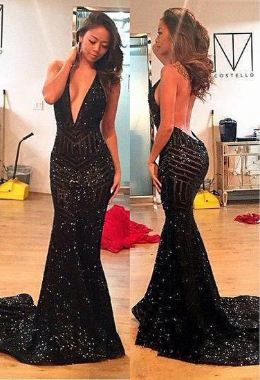 Black Sequins Open-Back Halter Deep-V-Neck Mermaid Prom Dress_2