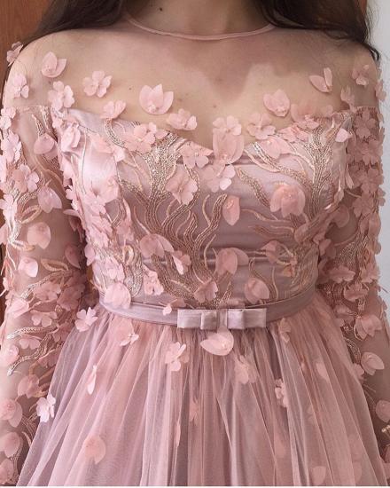 Long sleeves Floral Blow Dusty Pink Ball Gown Tulle Prom Dresses_5