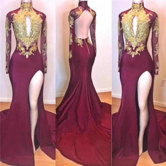 Burgundy Gold Appliques Evening Gowns | Long Sleeves Side Slit Open Back Mermaid Prom Dresses_2