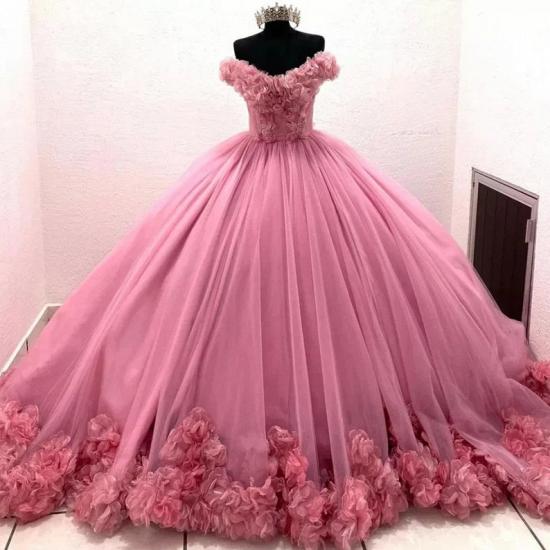 Wunderschönes rosafarbenes, trägerloses Ball-Partykleid aus Tüll mit Blumenverzierung