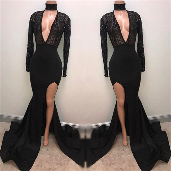 Mermaid Long Sleeve V-Neck Sexy Evening Gown 2022 Split Sexy Black Prom Dress_2