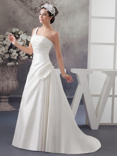 A-Line Wedding Dress One Shoulder Satin Spaghetti Strap Bridal Gowns with Sweep Train_3