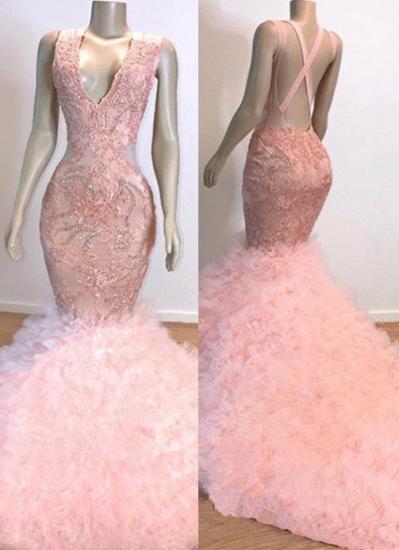 Pink V-Neck Sleeveless Prom Dresses | Mermaid Open Back Lace Evening Dress_1
