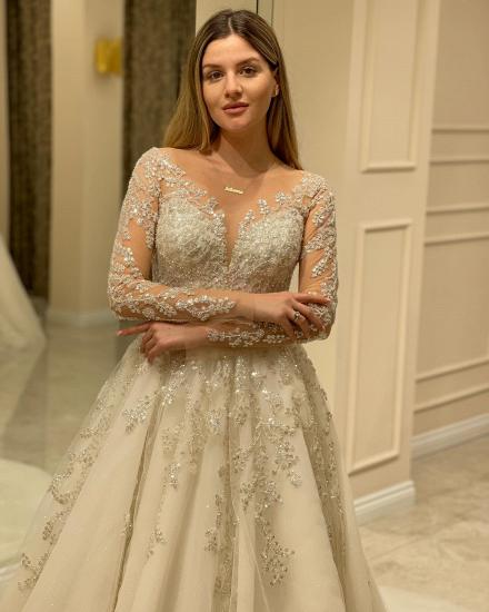 Designer Lace V-Neck Long Sleeve Wedding Dress | Wedding Dresses A Line Long Sleeves_5