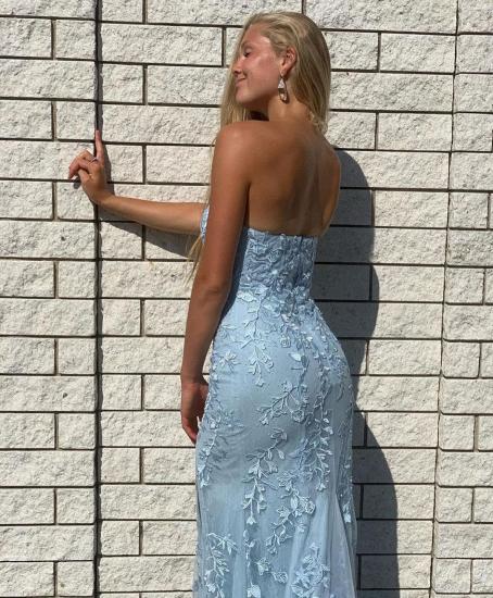 Strapless Sky Blue Tulle Lace Slim Mermaid Prom Dress with Side Split_3