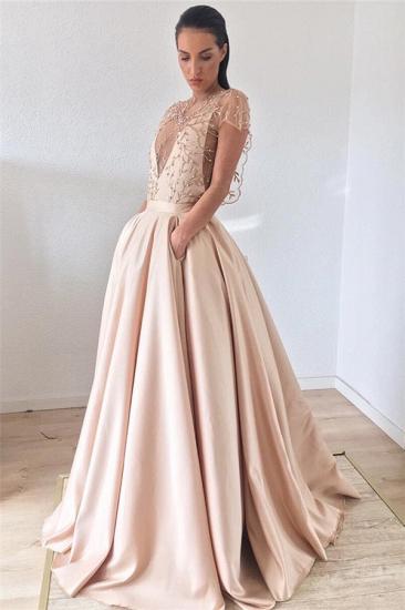 Glamorous Sheer Tulle Long Evening Dresses 2022 | Short Sleeves Beaded Evening Gowns_3
