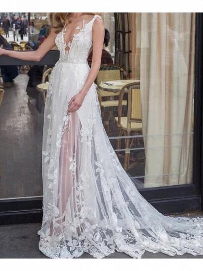 Beach  Boho A-Line Wedding Dress V-neck Lace Tulle Jersey Sleeveless Sexy See-Through Bridal Gowns with Sweep Train_1