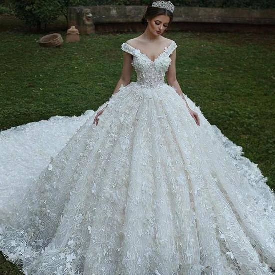 Glamorous V-Neck Off Shoulder Ball Gown Lace Applique Wedding Dress_2