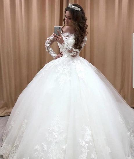Glamouröse schulterfreie Brautkleider mit langen Ärmeln | Spitzenblumen Brautballkleid 2022_3